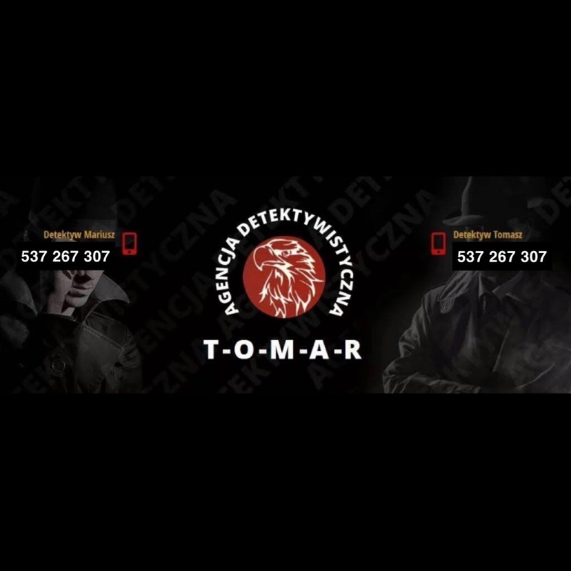 Czarno-czerwone logo agencji detektywistycznej z wizerunkiem orła w okręgu, nazwami detektywów Mariusza i Tomasza oraz numerem telefonu.