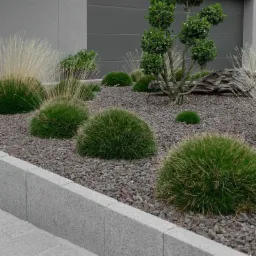 Nowoczesny ogród z kulistymi krzewami trawy, ozdobnym drzewem bonsai i szarą korą kamienną, obrzeże z kostki betonowej, tło stanowi szara brama garażowa.