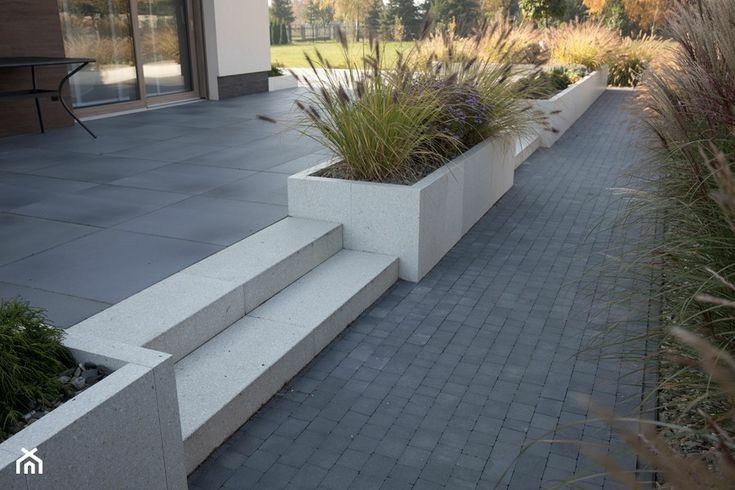 Ułożona szara kostka brukowa tworząca ścieżkę i taras, z białymi betonowymi donicami z ozdobnymi trawami, oraz dwustopniowe schody z jasnego kamienia.