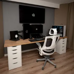 Ergonomiczne stanowisko pracy: biurko z drewnianym blatem, białe szafki z szufladami, dwa monitory, głośniki studyjne, komputer w białej obudowie z oknem, białe krzesło biurowe z siatkowym oparciem.