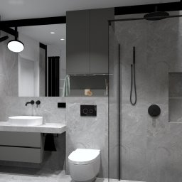 MODERN DESIGN Monika Nowak - Nowoczesna łazienka w szarościach z drewnianą ścianą w jodełkę, okrągła umywalka nablatowa, czarna armatura i kabina prysznicowa typu walk-in.