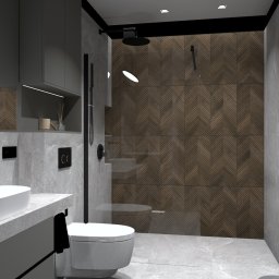 MODERN DESIGN Monika Nowak - Nowoczesna łazienka z drewnianą ścianą prysznicową, owalną umywalką nablatową, czarną armaturą i szarą płytką imitującą kamień.