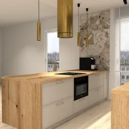 Wizualizacja kuchni z wyspą o drewnianym blacie, złotym okapem i lampami. Na blacie płyta indukcyjna i ekspres do kawy. Marmurowa ściana i okno z żaluzjami.