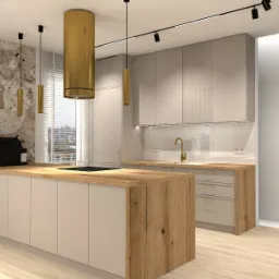 Nowoczesna kuchnia z wyspą, beżowe szafki, drewniany blat, złote akcenty (okap, bateria, lampy). Minimalistyczny design, eleganckie wykończenie, widok na okno.