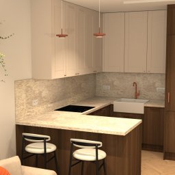 MODERN DESIGN Monika Nowak - Nowoczesna kuchnia z wyspą i hokerami. Jasne szafki górne kontrastują z ciemnym drewnem dolnych szafek i wysokiej zabudowy. Uwagę zwracają minimalistyczne lampy.
