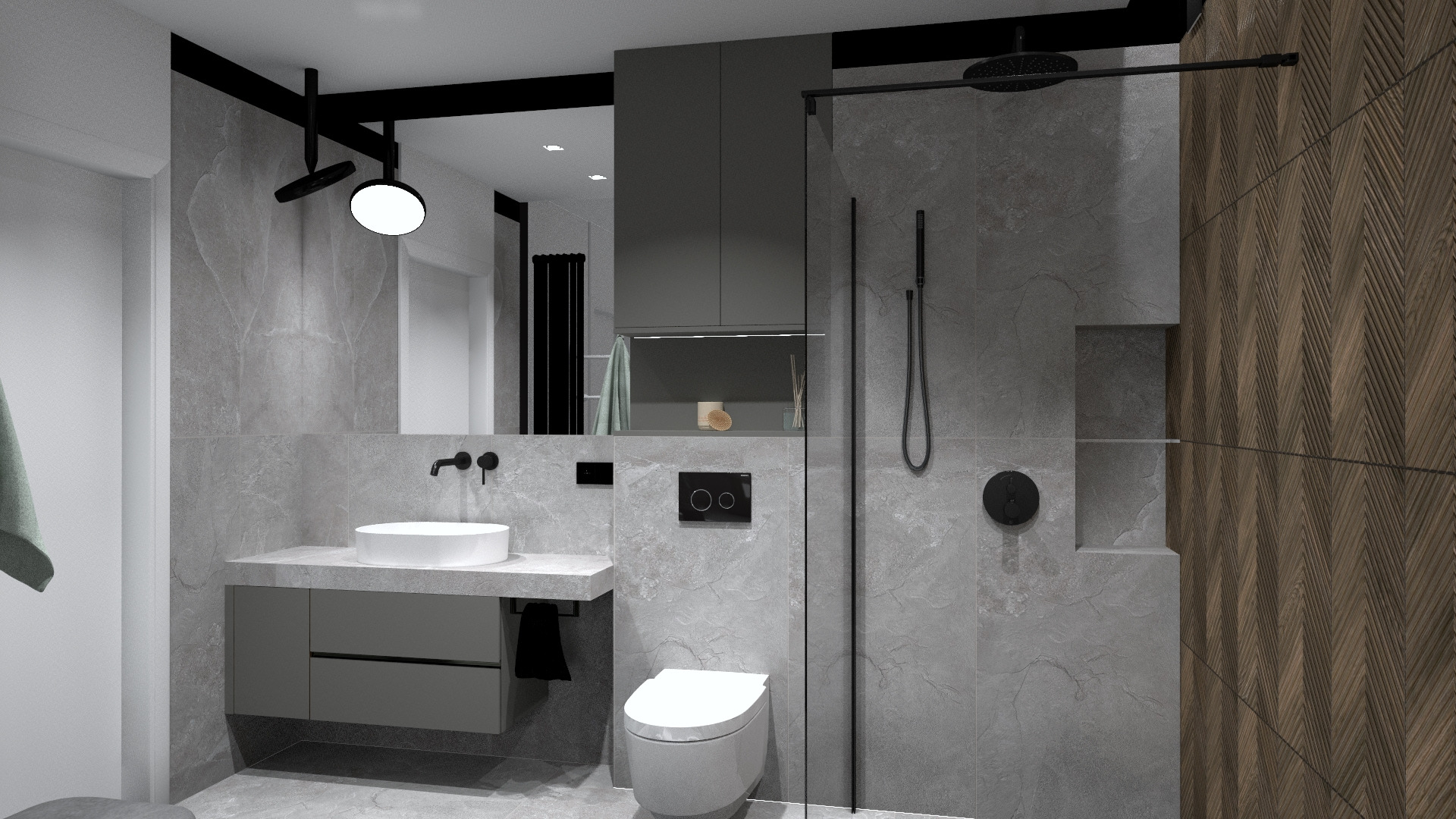 Nowoczesna łazienka w szarościach z drewnianą ścianą w jodełkę, okrągła umywalka nablatowa, czarna armatura i kabina prysznicowa typu walk-in.