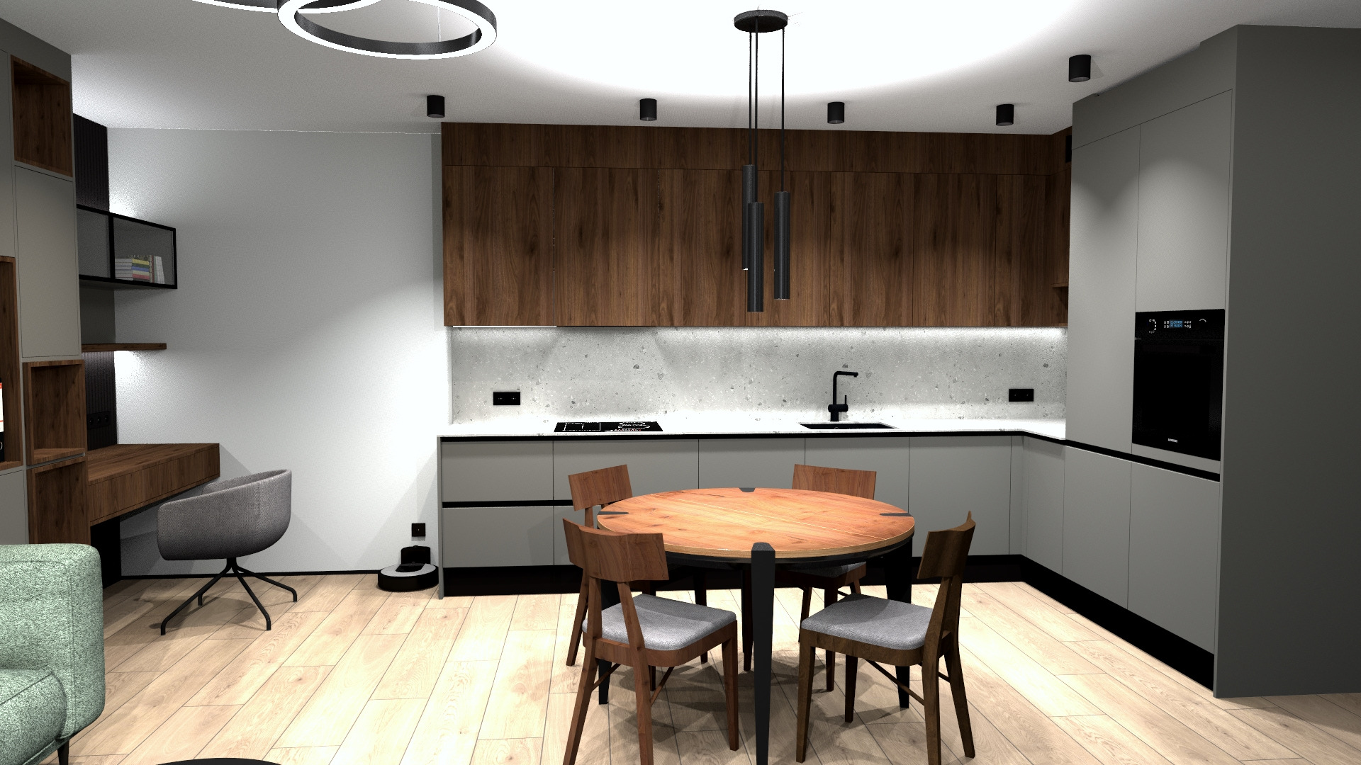 Wizualizacja nowoczesnej kuchni z drewnianymi i szarymi szafkami, okrągłym stołem z czterema krzesłami, lampami wiszącymi i biurkiem z krzesłem w tle.