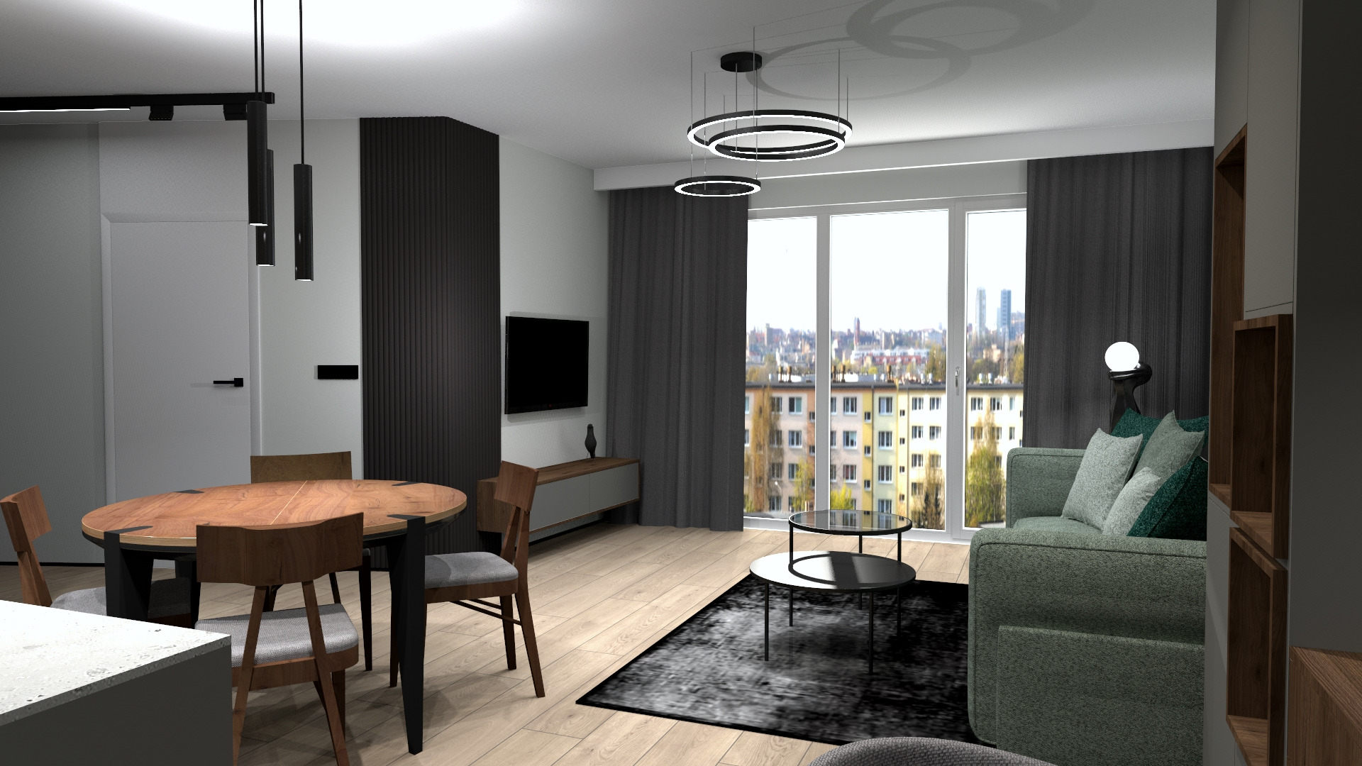 Wizualizacja salonu w nowoczesnym stylu z okrągłym drewnianym stołem, szarą sofą z zielonymi poduszkami i widokiem na miasto za oknem.