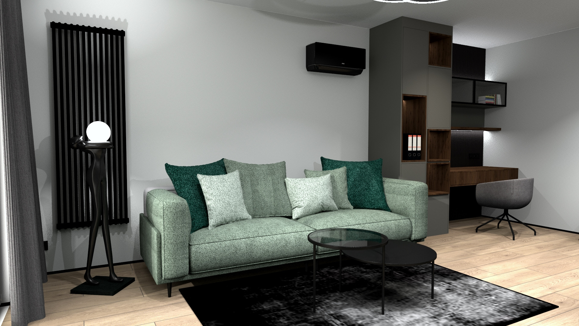 Wizualizacja salonu z zieloną sofą, czarnym dywanem, stolikiem kawowym, regałem z biurkiem, lampą podłogową i klimatyzacją na ścianie.