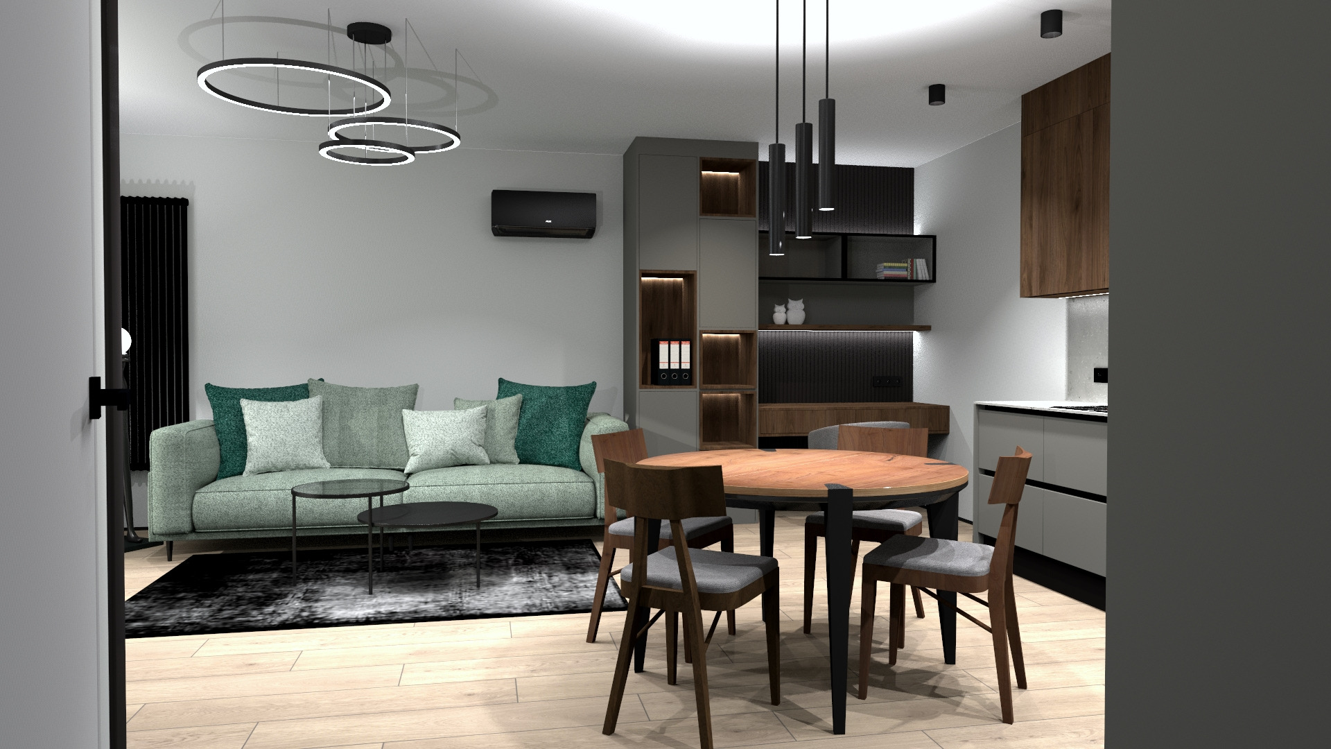 Nowoczesny salon z sofą w odcieniach zieleni, okrągłym drewnianym stołem i designerskim oświetleniem, uzupełniony o elementy dekoracyjne i minimalistyczne meble.