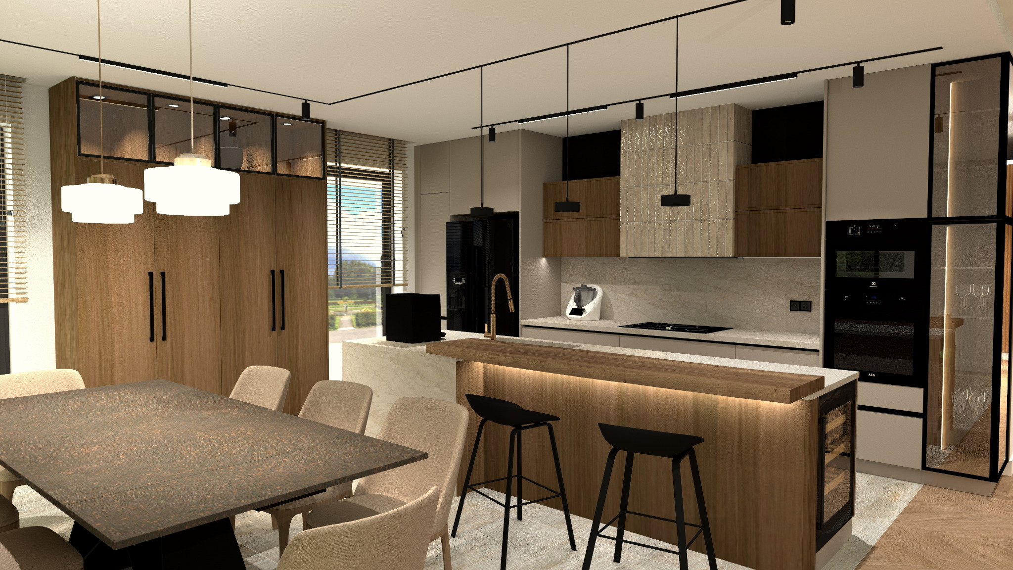 Wizualizacja przestronnej kuchni z wyspą i barkiem, oświetleniem LED pod blatem, drewnianymi szafkami, czarnymi hokerami i dużym stołem jadalnym z krzesłami w odcieniach beżu.