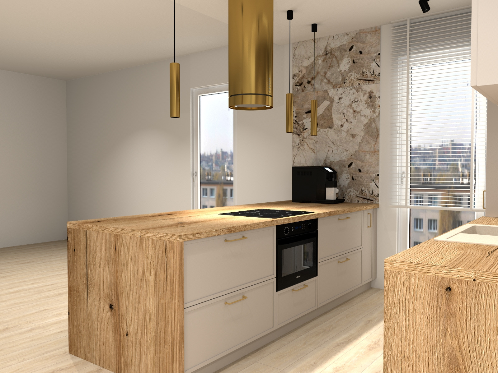 Wizualizacja kuchni z wyspą o drewnianym blacie, złotym okapem i lampami. Na blacie płyta indukcyjna i ekspres do kawy. Marmurowa ściana i okno z żaluzjami.