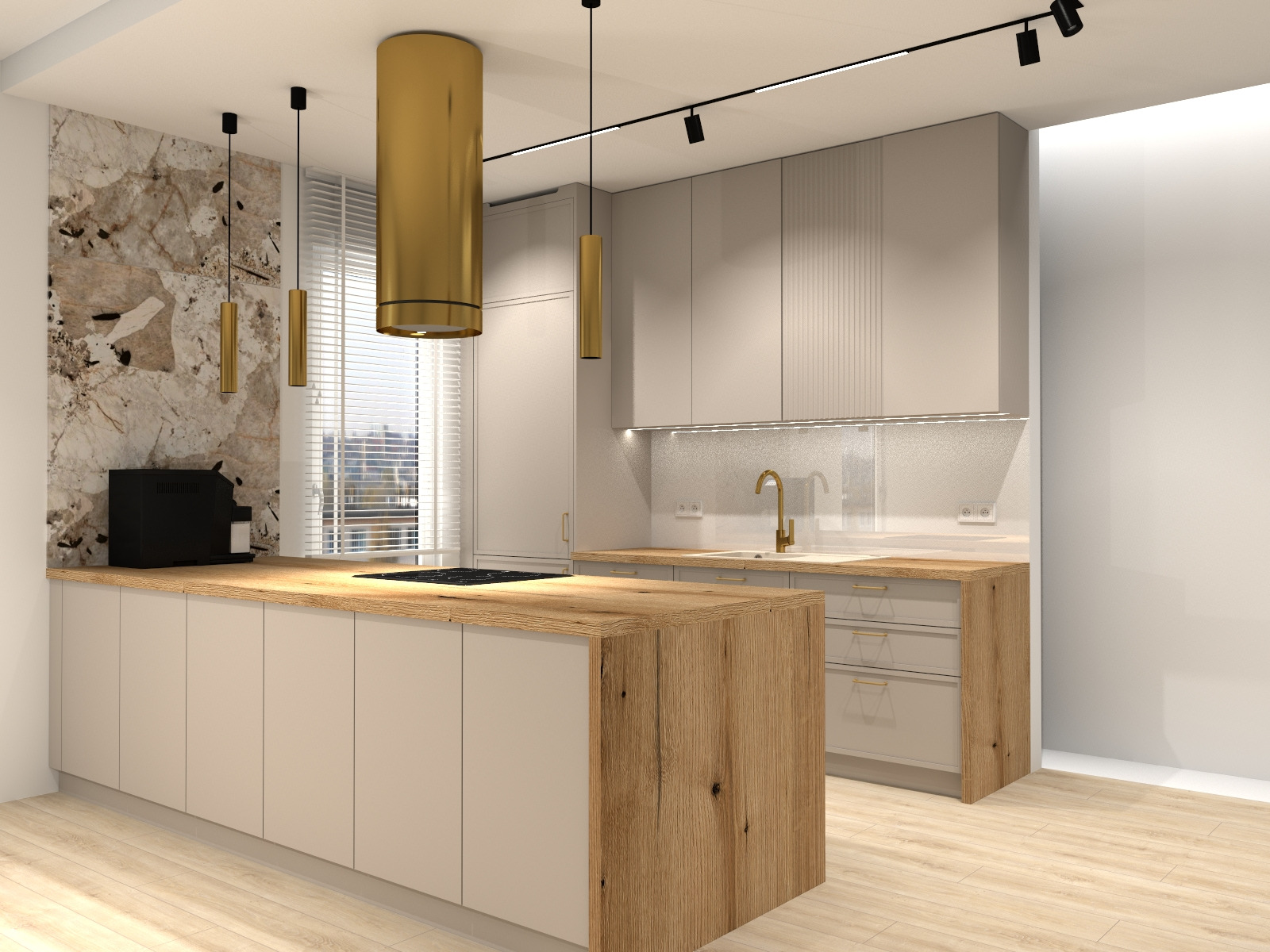 Nowoczesna kuchnia z wyspą, beżowe szafki, drewniany blat, złote akcenty (okap, bateria, lampy). Minimalistyczny design, eleganckie wykończenie, widok na okno.