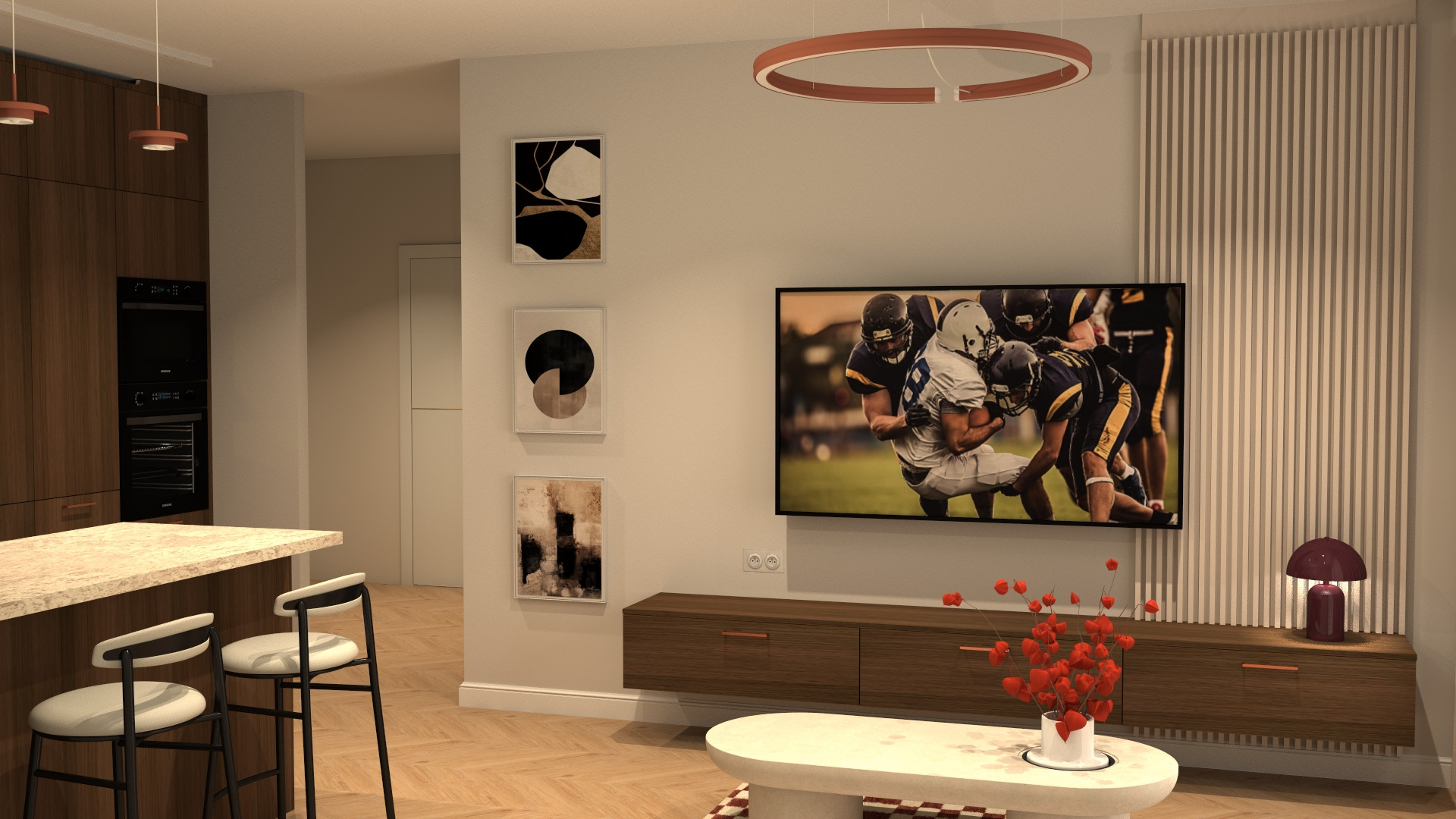 Nowoczesne wnętrze: drewniana zabudowa kuchenna z wyspą, minimalistyczne krzesła barowe, telewizor z motywem sportowym i dekoracje ścienne w salonie.