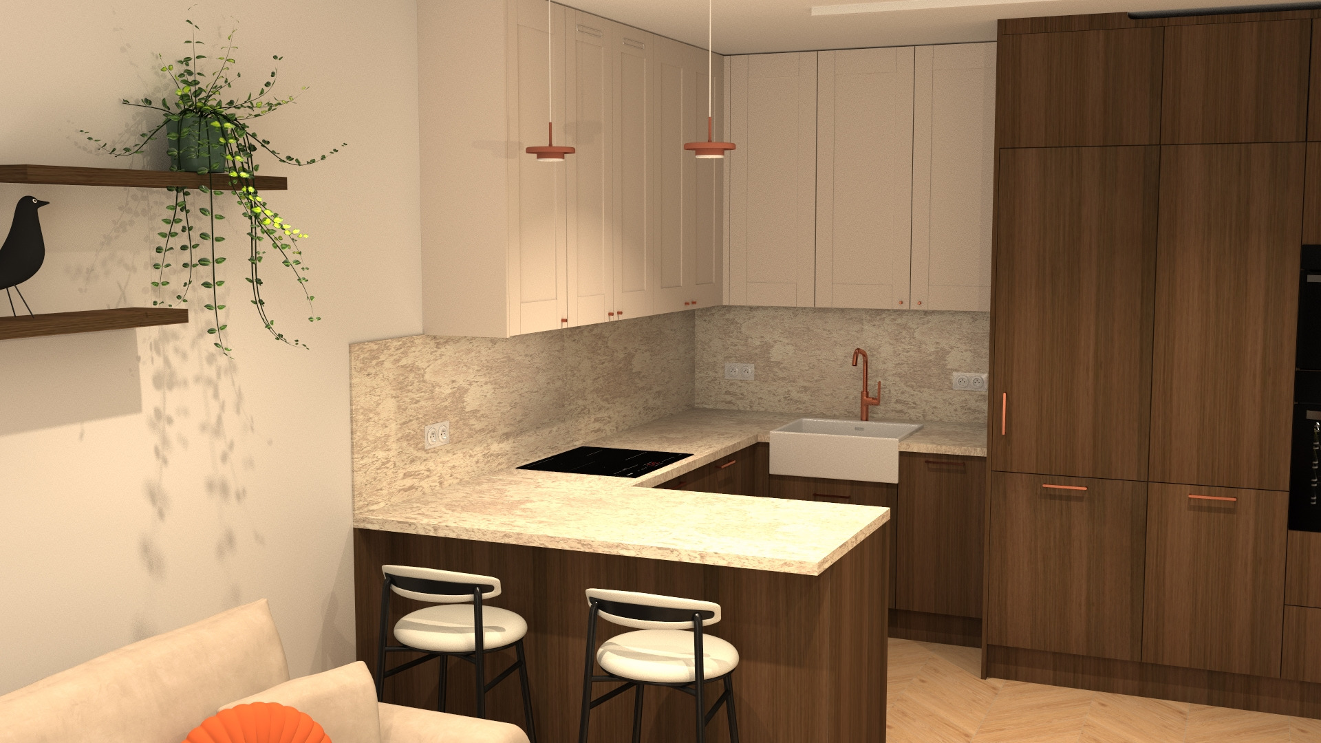 Nowoczesna kuchnia z wyspą i hokerami. Jasne szafki górne kontrastują z ciemnym drewnem dolnych szafek i wysokiej zabudowy. Uwagę zwracają minimalistyczne lampy.