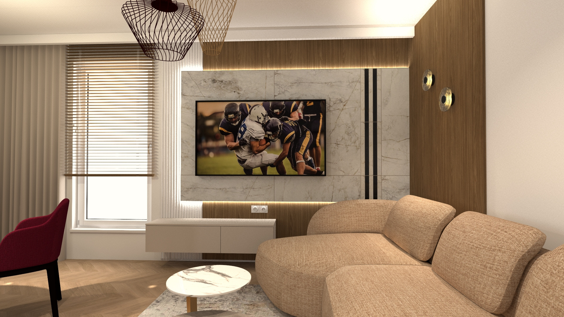 Nowoczesny salon z beżową sofą, marmurową ścianą TV i drewnianymi akcentami. Okno z żaluzjami, designerskie lampy wiszące i okrągły stolik kawowy.