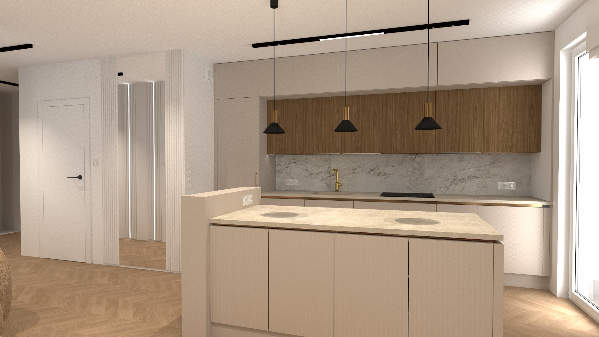 Wnętrze kuchni w neutralnych barwach z wyspą kuchenną i drewnianymi akcentami. Nad wyspą wiszą trzy czarne lampy. Na ścianie marmurowy wzór. Podłoga w jodełkę.
