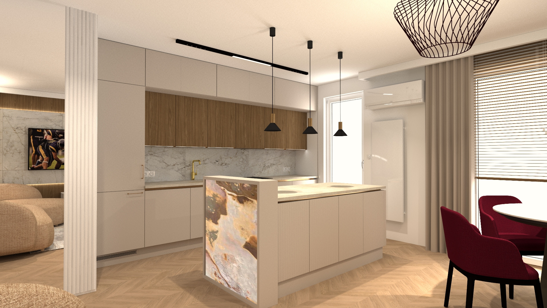 Wizualizacja nowoczesnej kuchni z wyspą, drewnianymi szafkami górnymi i marmurowym blatem. Nad wyspą wiszą trzy czarne lampy. W tle widoczny salon z beżową sofą.