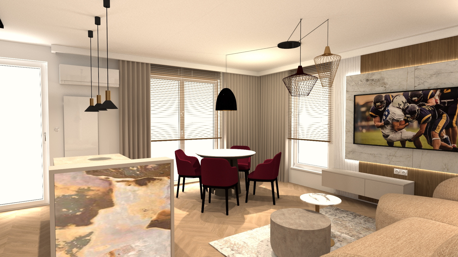 Wizualizacja salonu z jadalnią: okrągły stół z krzesłami w odcieniach czerwieni, telewizor z motywem sportowym, designerskie lampy wiszące i beżowa sofa.