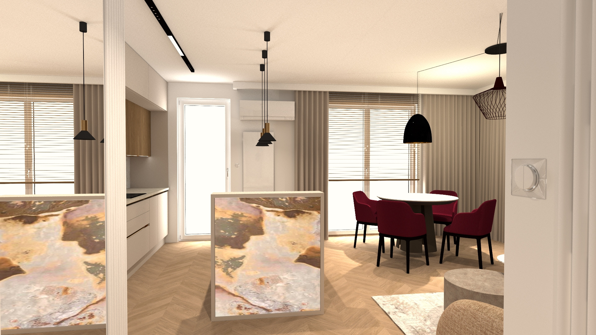 Wnętrze mieszkania z otwartą kuchnią, jadalnią i salonem. Widoczne nowoczesne meble, oświetlenie punktowe i dekoracyjne, drewniana podłoga w jodełkę i zasłony w oknach.