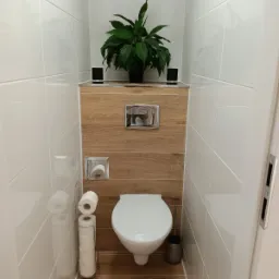Nowoczesna toaleta z białymi, błyszczącymi płytkami, drewnianą zabudową stelaża, wiszącą miską WC i zieloną rośliną doniczkową na górze.