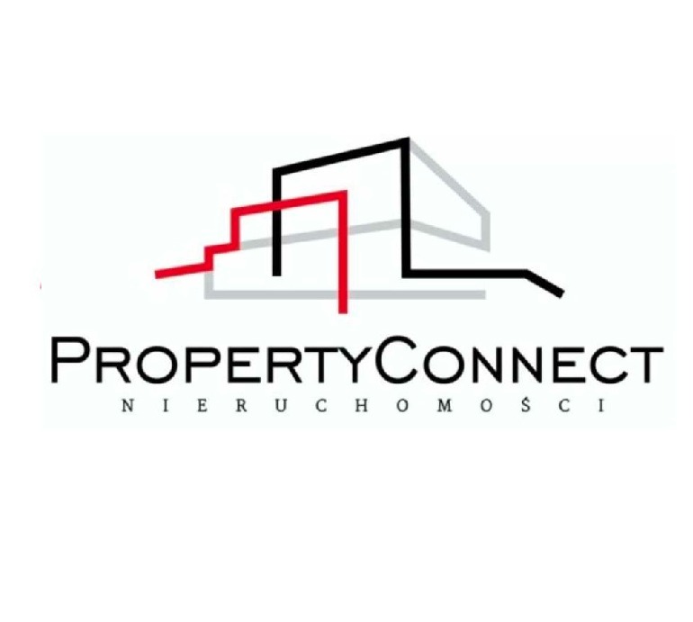 Logo firmy Property Connect Nieruchomości z abstrakcyjnym symbolem domu w kolorach czerwonym, czarnym i szarym.