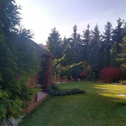 Estetyczny ogród z równo przystrzyżonym trawnikiem, drewnianą altaną i różnorodnymi drzewami iglastymi i krzewami liściastymi, oświetlony popołudniowym słońcem.