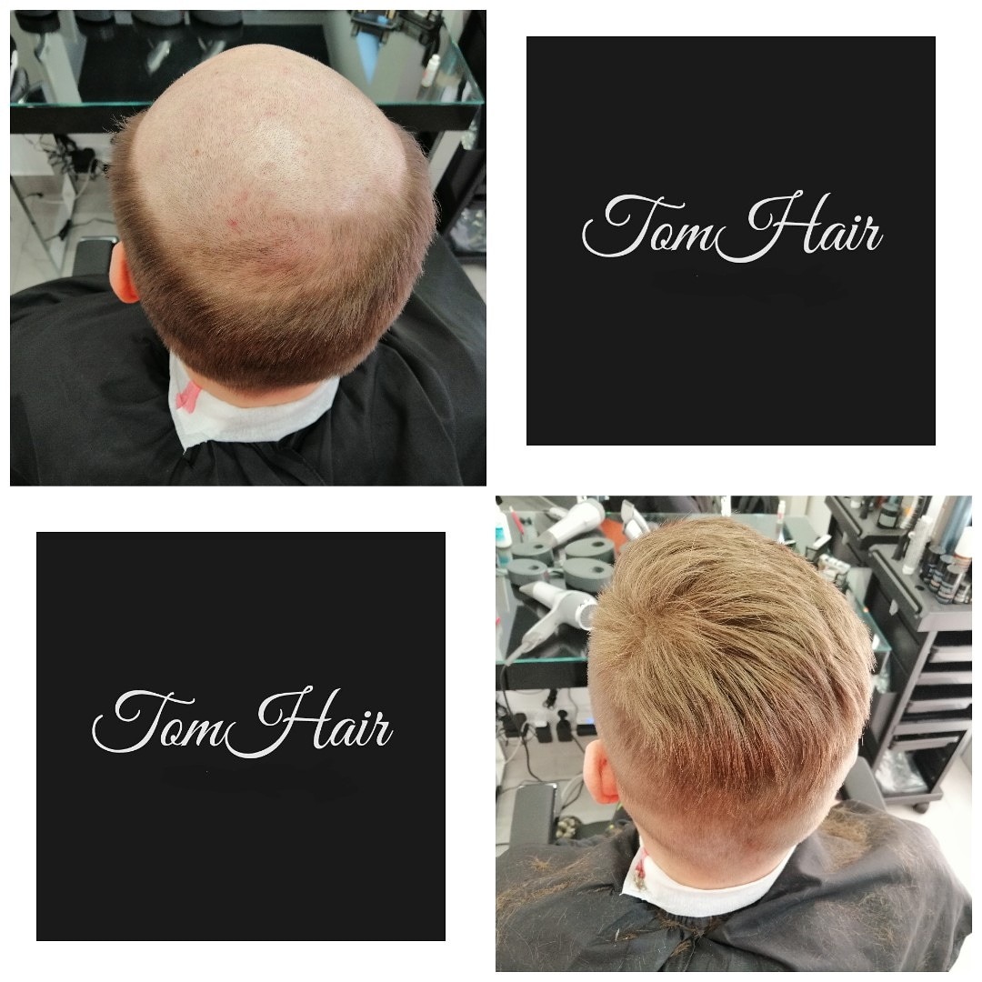 Montaż systemu włosów: widok przed i po zabiegu, z logo firmy na czarnym tle. Widoczne narzędzia fryzjerskie w tle.