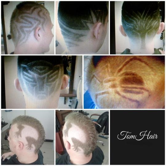 Kolaż zdjęć przedstawiający różne wzory wycięte we włosach, w tym geometryczne kształty, drzewo, logo Transformers i sylwetkę dinozaura, oraz logo salonu fryzjerskiego.