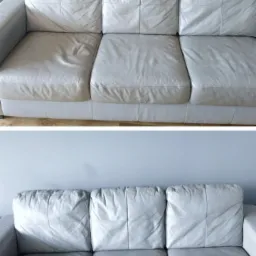 Trzyosobowa, jasna skórzana kanapa. Widoczne porównanie stanu przed i po czyszczeniu: lewe siedzisko wyraźnie brudniejsze od pozostałych dwóch.