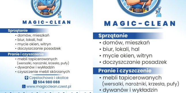 Grafika firmy Magic-Clean z ofertą sprzątania domów, biur, mycia okien, doczyszczania posadzek, prania tapicerki i czyszczenia dywanów w Częstochowie i okolicach.
