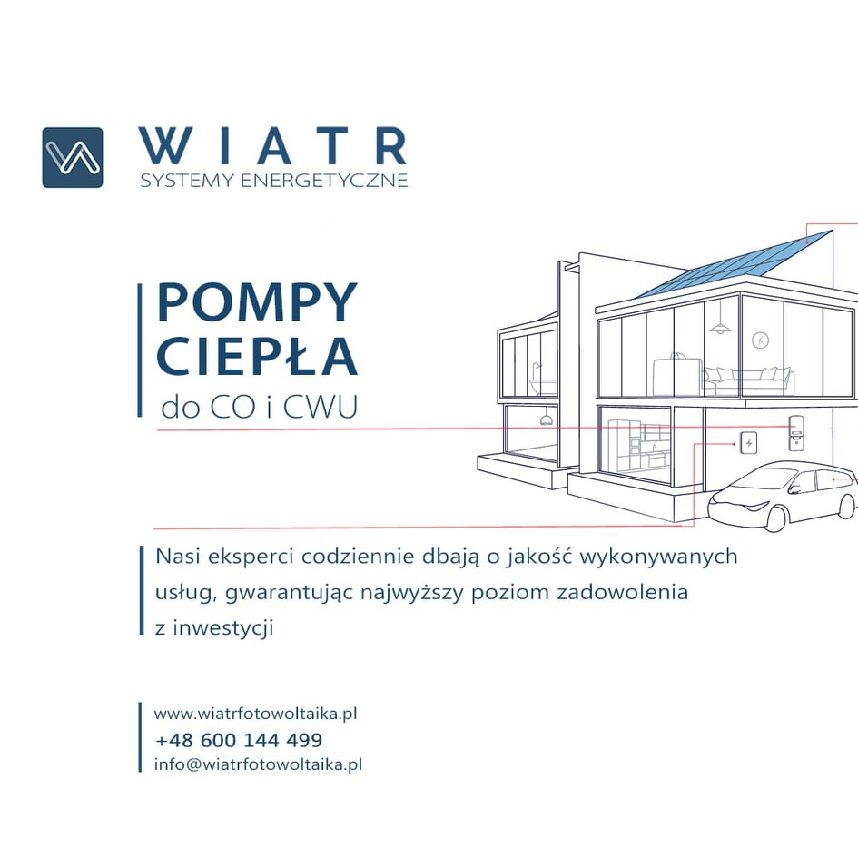 Grafika firmy z logo, hasłem 'Pompy ciepła do CO i CWU' i wizualizacją domu z panelami słonecznymi i podłączonym samochodem elektrycznym.