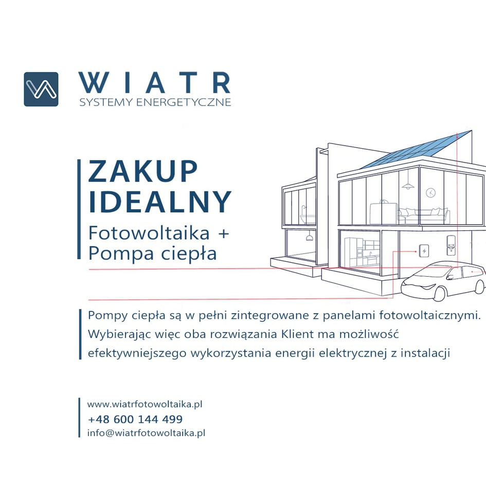 Grafika reklamowa przedstawiająca nowoczesny dom z panelami fotowoltaicznymi na dachu i pompą ciepła, z hasłem 'Zakup Idealny' i logo firmy 'WIATR Systemy Energetyczne'.
