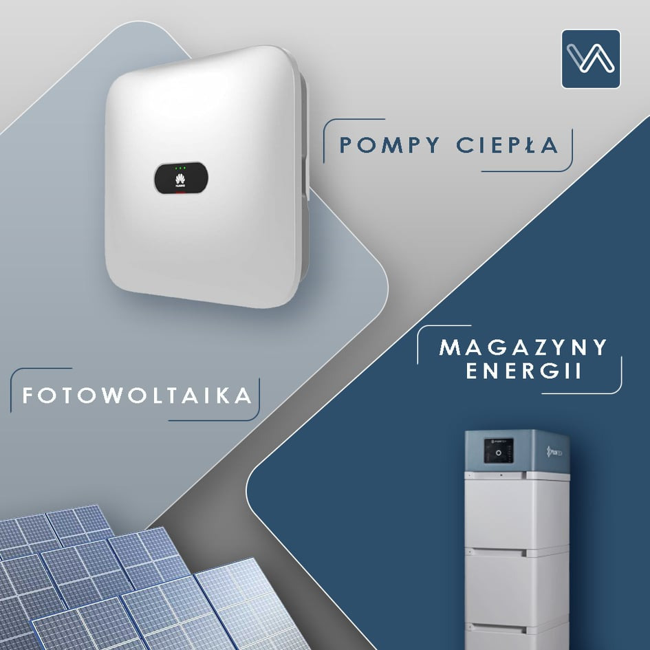 Grafika prezentująca komponenty instalacji fotowoltaicznej i pompy ciepła: falownik, magazyn energii i panele słoneczne, umieszczone na tle w odcieniach szarości i granatu.