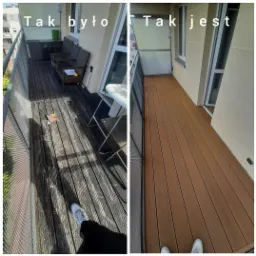 Zestawienie zdjęć balkonu przed i po położeniu brązowej deski kompozytowej; widoczne meble ogrodowe, balustrada i fragment buta osoby fotografującej.