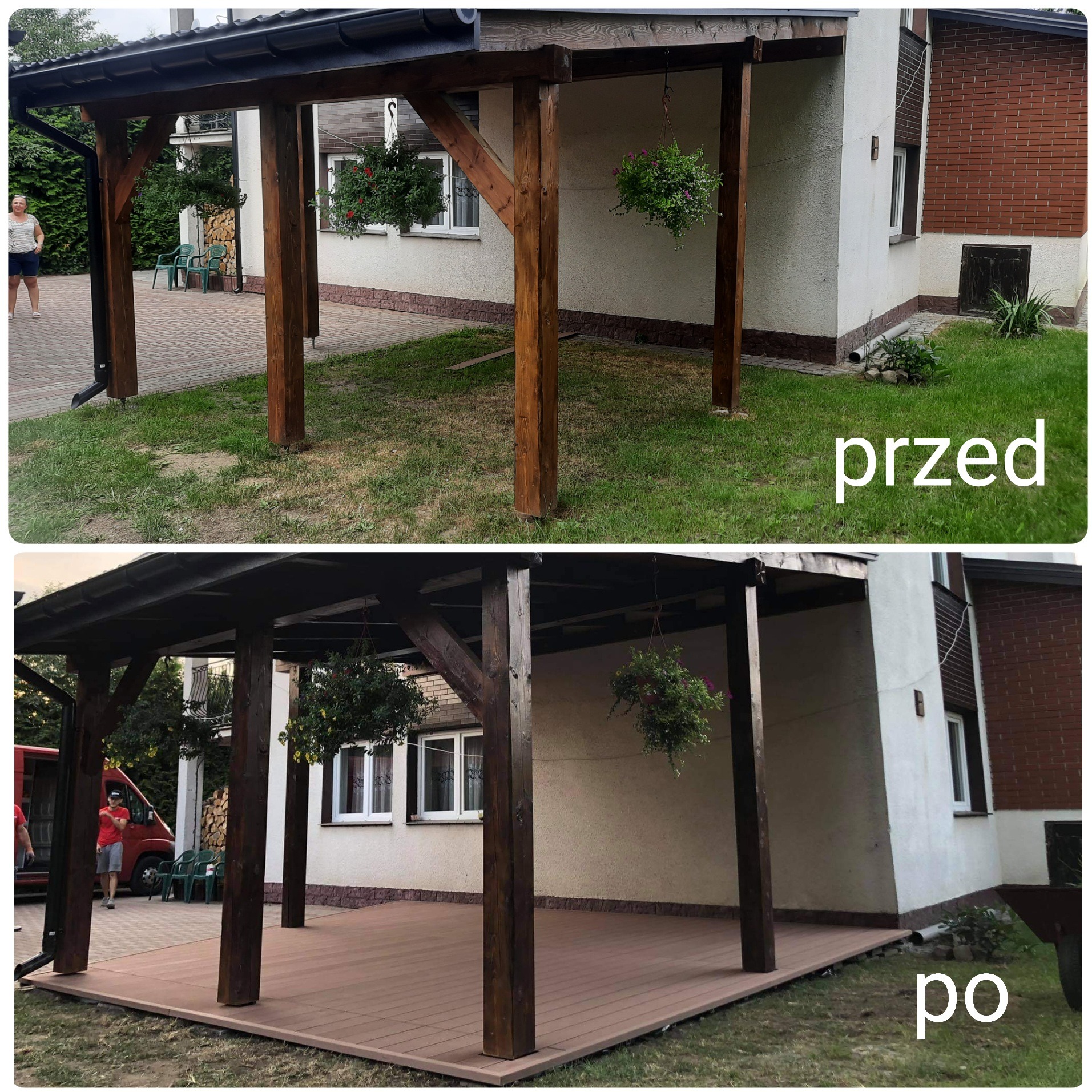 Porównanie przed i po: drewniana konstrukcja z zadaszeniem i wiszącymi kwiatami, gdzie w części 'po' dodano brązowy, kompozytowy taras.