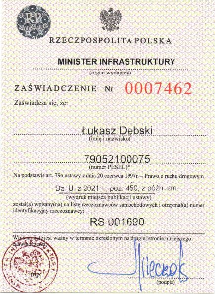 Zaświadczenie Rzeczoznawcy Samochodowego