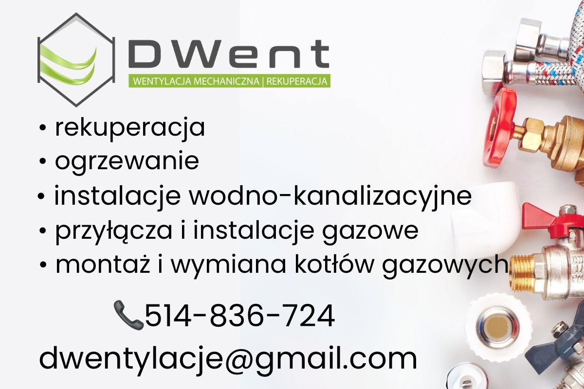 Logo firmy DWent z ofertą rekuperacji, ogrzewania, instalacji wodno-kanalizacyjnych, przyłączy i montażu kotłów gazowych, obok zawory i złączki hydrauliczne.
