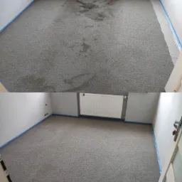 Porównanie stanu dywanu przed i po czyszczeniu. Górna część zdjęcia ukazuje zabrudzony, szary dywan z widocznymi plamami. Dolna część prezentuje ten sam dywan po czyszczeniu, odświeżony i bez plam,...