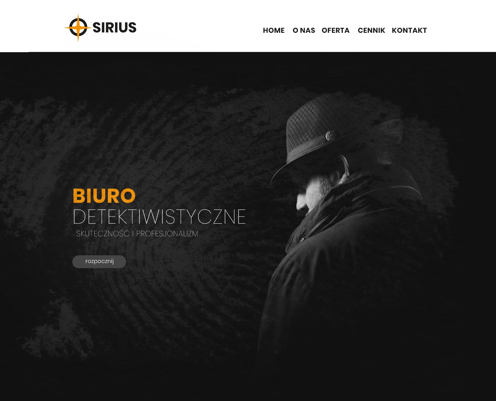 Monochromatyczna grafika strony internetowej biura detektywistycznego z sylwetką mężczyzny w kapeluszu na tle odcisku palca.