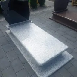 Nowoczesny, dwupoziomowy pomnik z jasnoszarego granitu z czarną tablicą ozdobioną motywem roślinnym, na tle brukowanej nawierzchni i zielonych tuj.