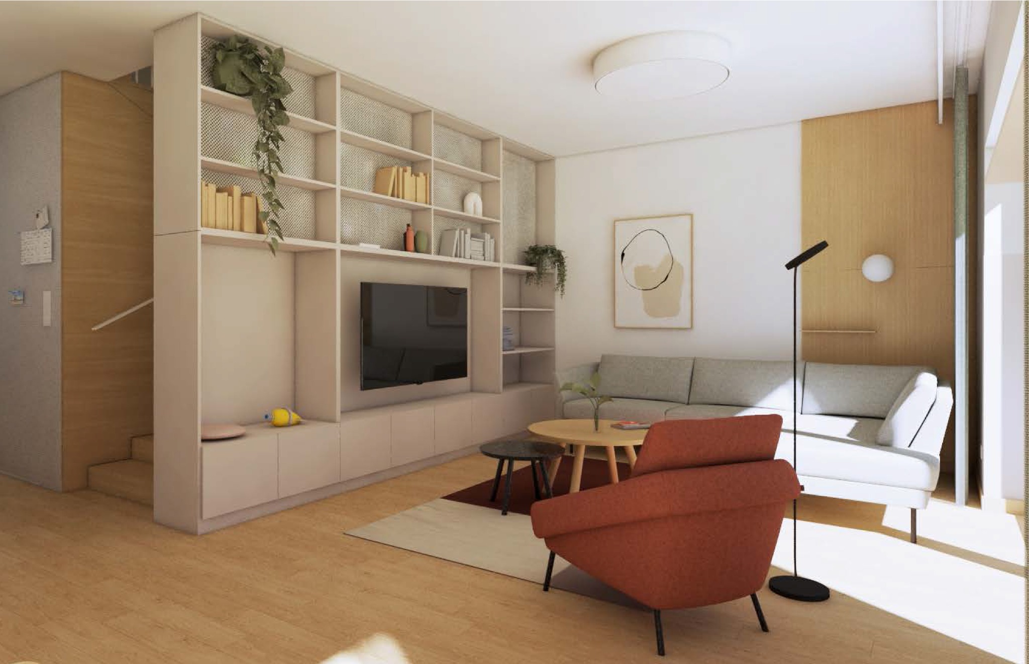 Wizualizacja salonu z zabudową meblową pod telewizor, półkami, sofą i fotelem w odcieniach beżu i brązu, z roślinami doniczkowymi na półkach.