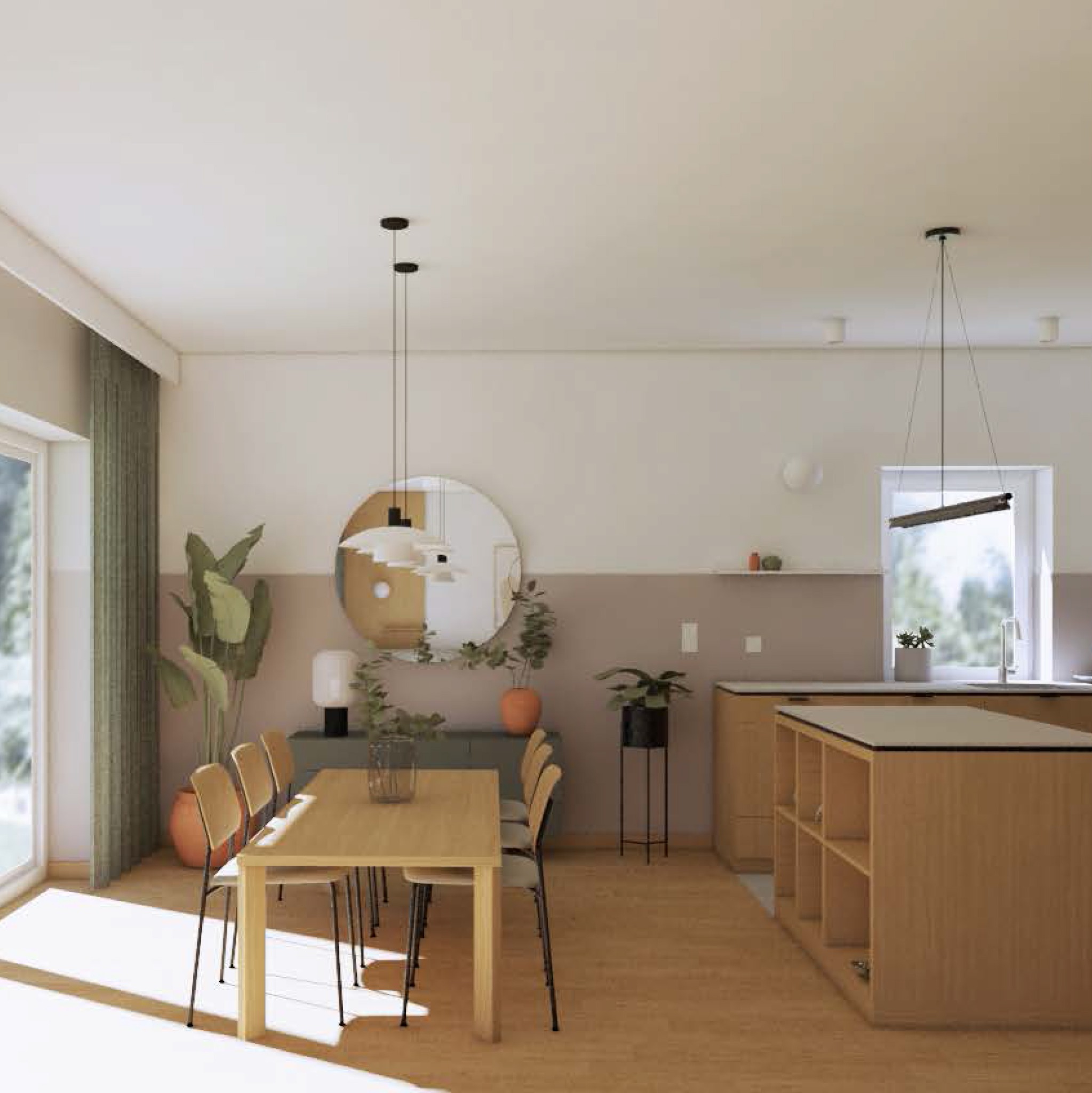 Jasna jadalnia z drewnianym stołem, krzesłami z beżowymi oparciami, okrągłym lustrem i nowoczesnym oświetleniem wiszącym; rośliny doniczkowe dodają naturalnego akcentu.