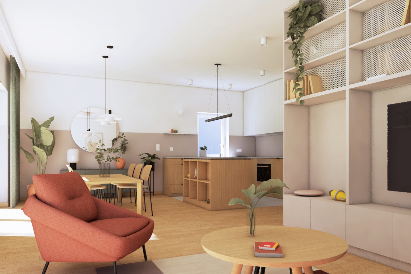 Wizualizacja jasnego wnętrza mieszkania w Gdańsku z otwartą kuchnią, jadalnią i salonem, w neutralnych kolorach z akcentami roślinnymi i ceglastym fotelem.