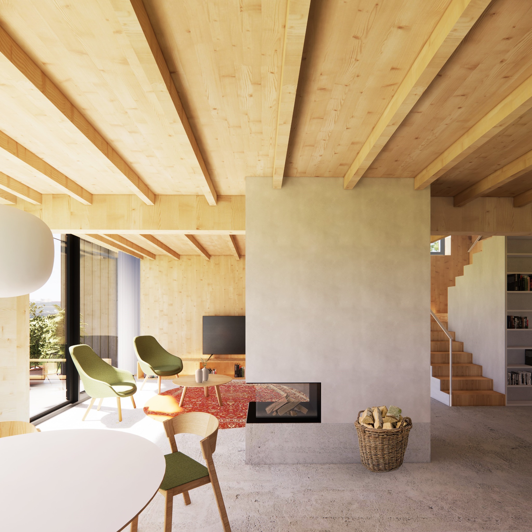 Jasne, przestronne wnętrze domu z drewnianym sufitem, kominkiem, schodami i minimalistycznym umeblowaniem, oświetlone naturalnym światłem wpadającym przez duże okno.