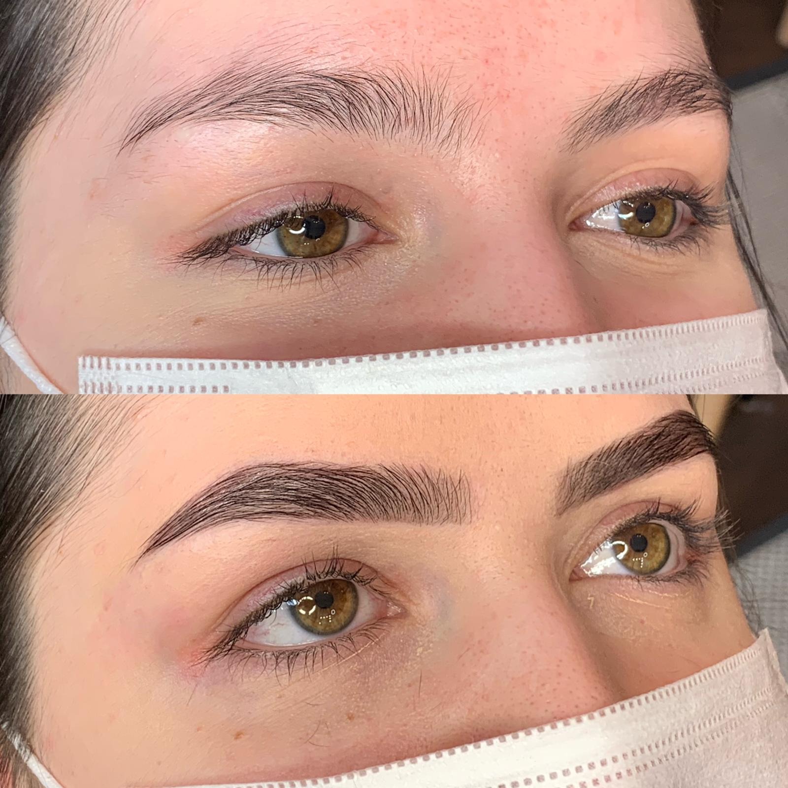 Zbliżenie na oczy kobiety przed i po zabiegu henny pudrowej brwi, widoczne różnice w kształcie i wyrazistości brwi.