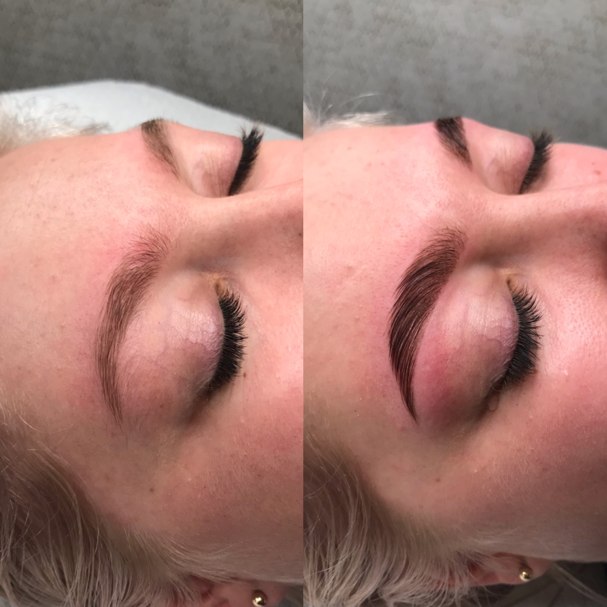 Porównanie brwi przed i po hennie pudrowej, widoczne różnice w kształcie i kolorze włosków.