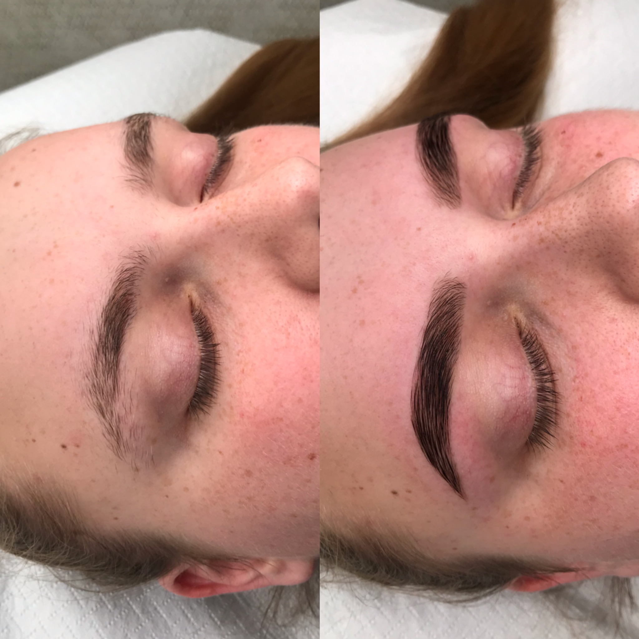 Zdjęcie przedstawia porównanie brwi przed i po zabiegu henny pudrowej: po lewej naturalne, jasne brwi, po prawej ciemne, wyraźnie zdefiniowane brwi po zabiegu, z widoczną różnicą w kształcie...