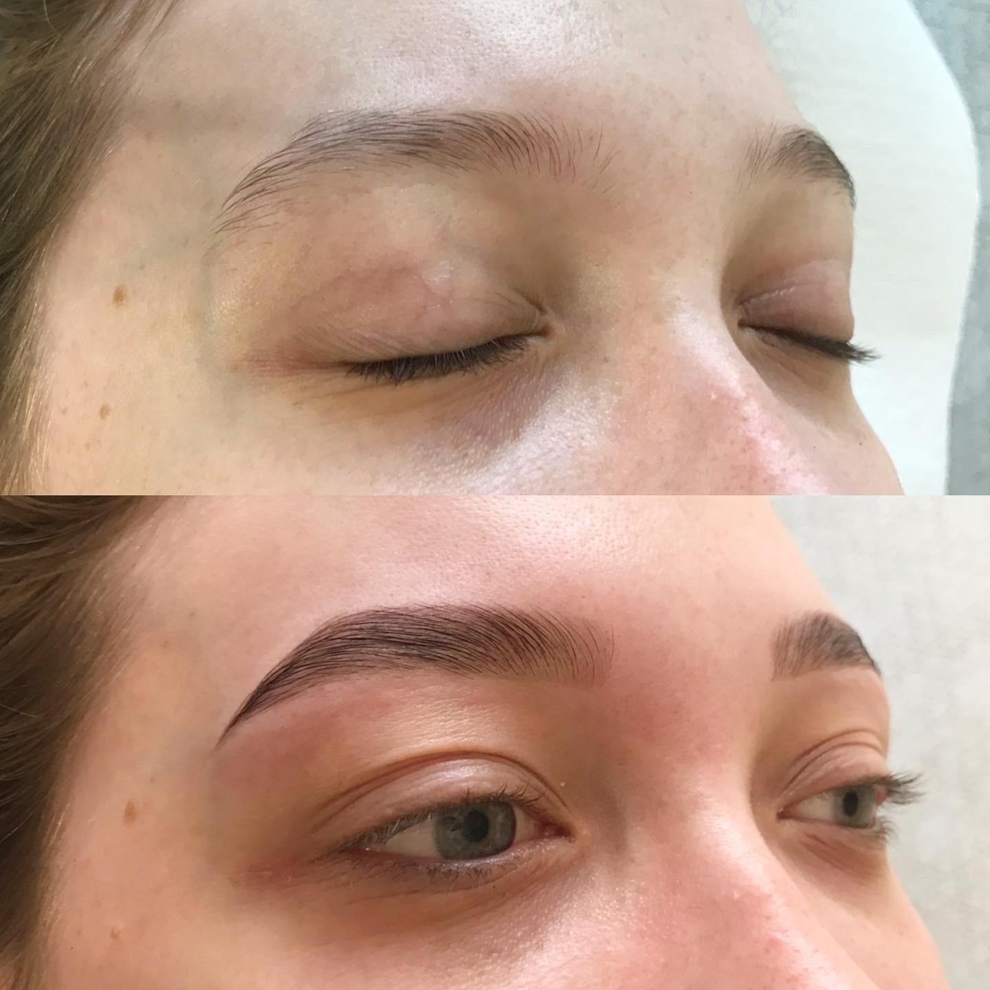 Zbliżenie na brwi przed i po zabiegu henny pudrowej i nitkowania, ukazujące wyraźną różnicę w kształcie i definicji, z widocznymi drobnymi włoskami po stylizacji.