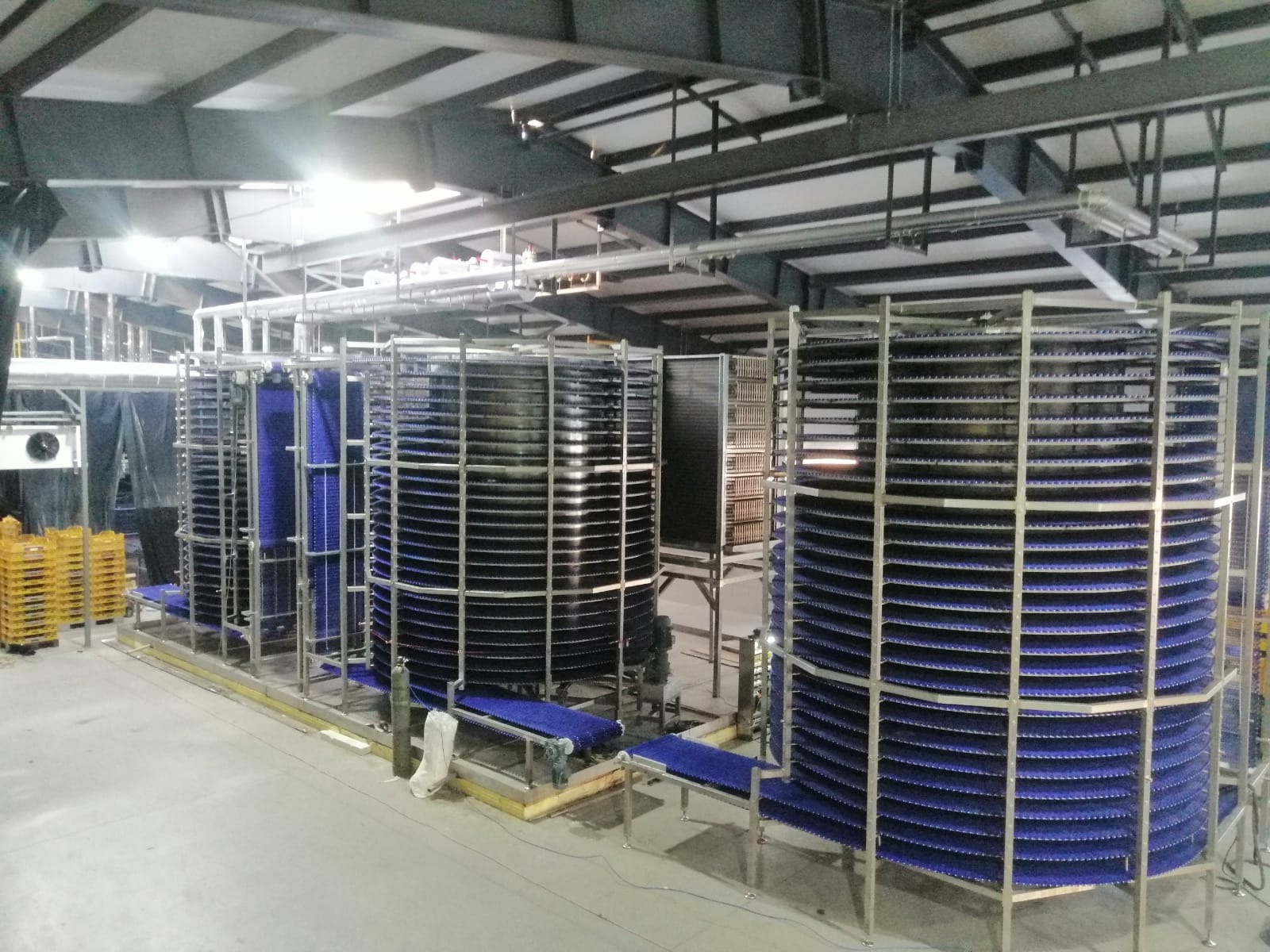 Spiralny system chłodniczy z niebieskimi taśmami transportującymi w hali produkcyjnej.